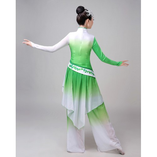 Women's chinese folk dance costumes calssical dance dress green colored yangko dane costumes classical umbrella fan dance dress